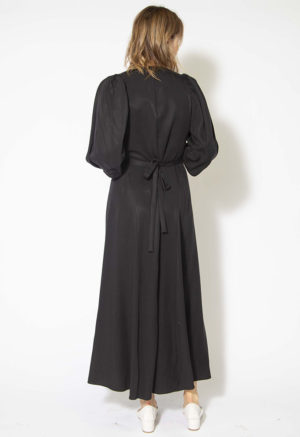 Back view of straight size model wearing Black Lyocell Button Down Dress.