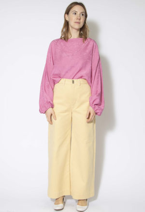 Front view of straight size model wearing Pale Yellow Tailored Wide-Leg Trouser.