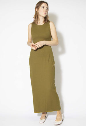 Front view of straight size model wearing Pistachio Reversible Tank Dress.
