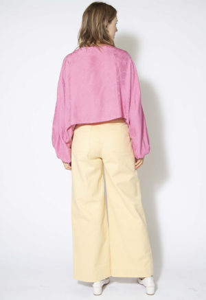 Back view of straight size model wearing Pale Yellow Tailored Wide-Leg Trouser.