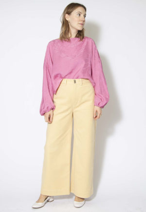 Front view of straight size model wearing Pale Yellow Tailored Wide-Leg Trouser.