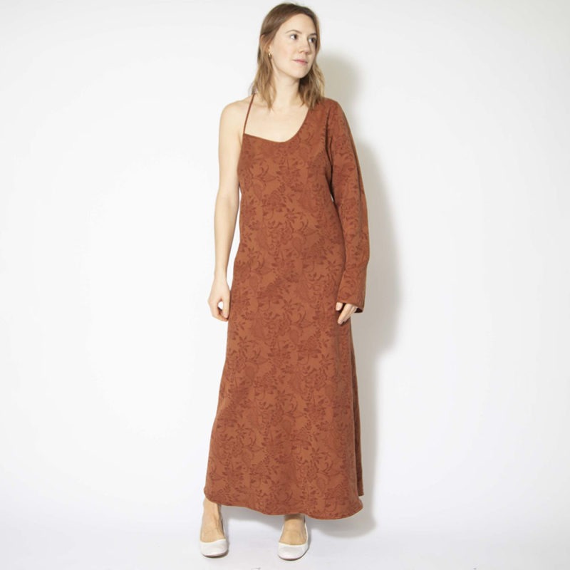 Front view of straight size model wearing Maple Floral Asymmetrical Maxi