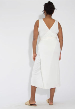 Back view of straight size model wearing White Sleeveless Wrap Dress.