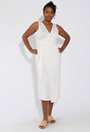 Front view of straight size model wearing White Sleeveless Wrap Dress.