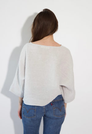 Back view of straight size model wearing Light Gray Dolman Tee.