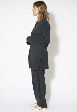 Side view of straight size model wearing Liquorice Lyocell Blend Side Pleat Pant.