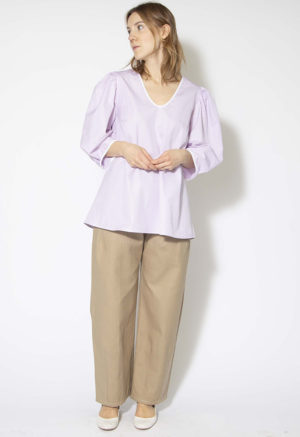 Front view of straight size model wearing Lavender Stripe Open Bac