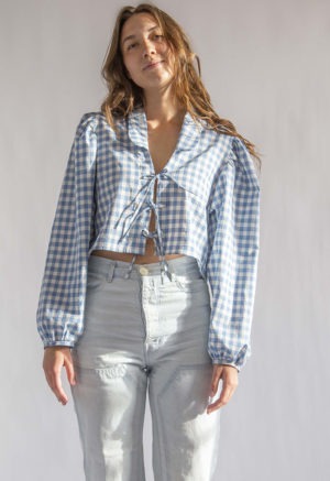 Front view of straight size model wearing Blue & Cream Gingham Limited Edition Juliette Top.