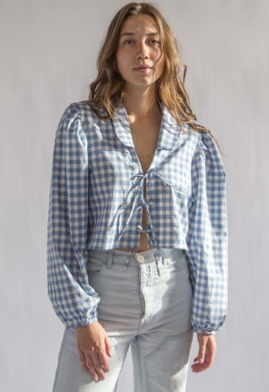 Front view of straight size model wearing Blue & Cream Gingham Limited Edition Juliette Top.