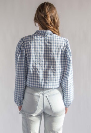 Back view of straight size model wearing Blue & Cream Gingham Limited Edition Juliette Top.
