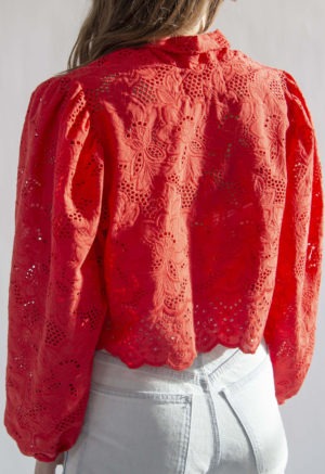 Back view of straight size model wearing Red Eyelet Limited Edition Ramona Top.