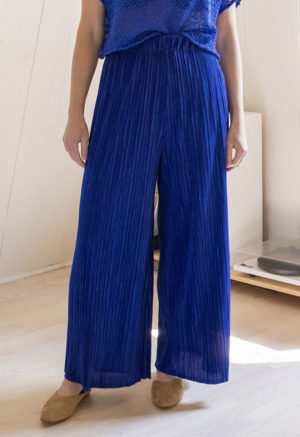 woman in royal blue pleated wide-leg pants and royal blue knit short sleeve top