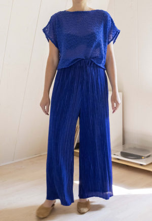 woman in royal blue pleated wide-leg pants and royal blue knit short sleeve top