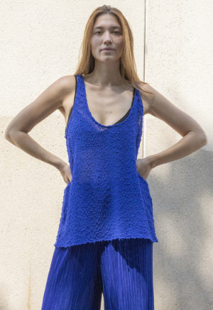 woman in blue slub scoop tank and matching blue rib wide-leg pants