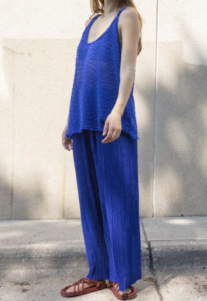 woman in blue slub scoop tank and matching blue rib wide-leg pants