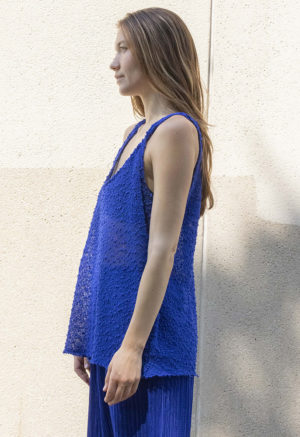 woman in blue slub scoop tank and matching blue rib wide-leg pants