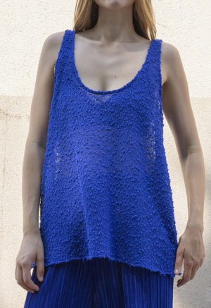 woman in blue slub scoop tank and matching blue rib wide-leg pants