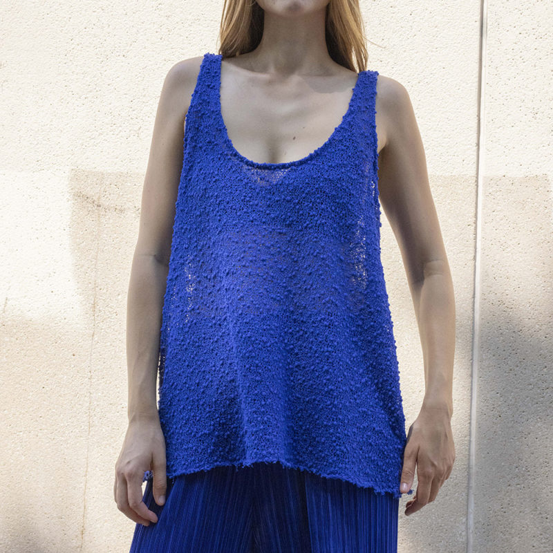 woman in blue slub scoop tank and matching blue rib wide-leg pants