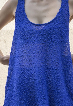 woman in blue slub scoop tank and matching blue rib wide-leg pants