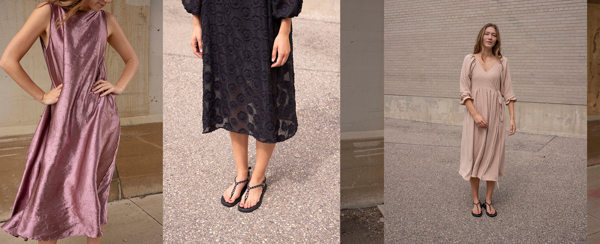 three women, one in mauve shimmery dress, one black floral, and one pink wrap dress
