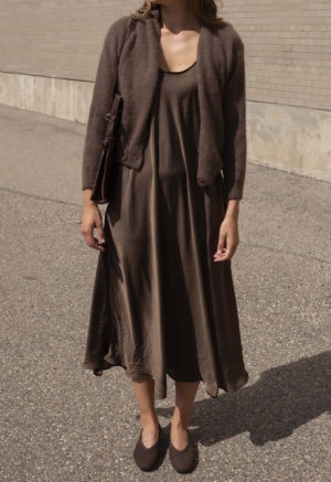 woman in brown scoop midi length tank dress