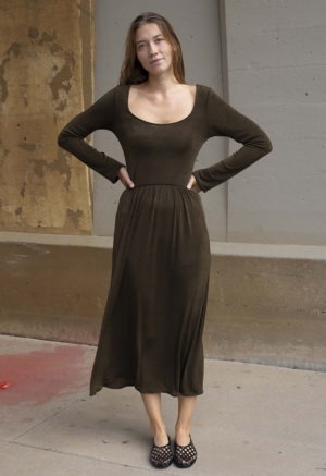 woman in dark brown rib scoop long sleeve midi dress