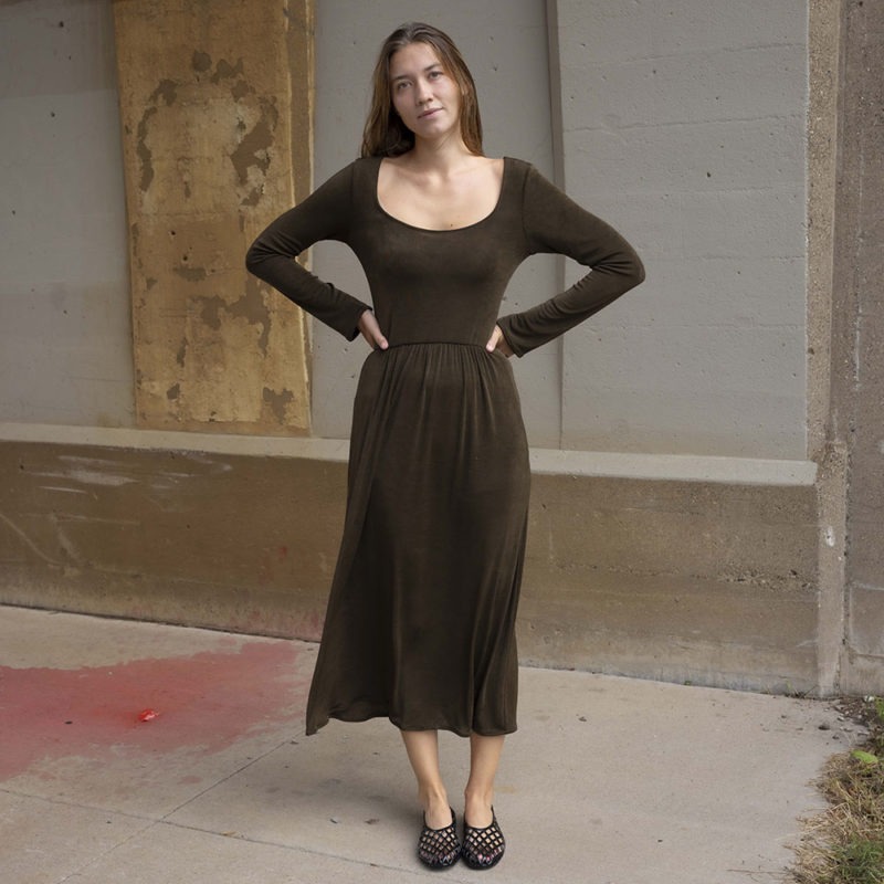 woman in dark brown rib scoop long sleeve midi dress