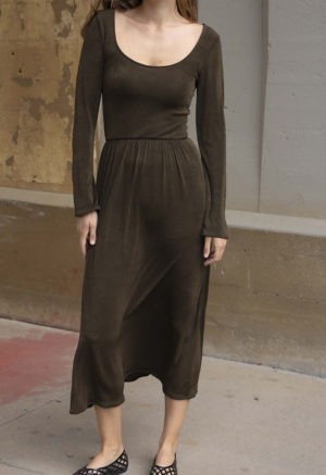 woman in dark brown rib scoop long sleeve midi dress