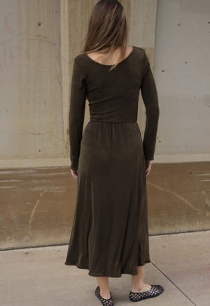 woman in dark brown rib scoop long sleeve midi dress