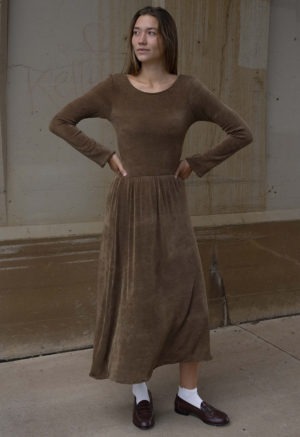 woman in light brown rib scoop long sleeve midi dress