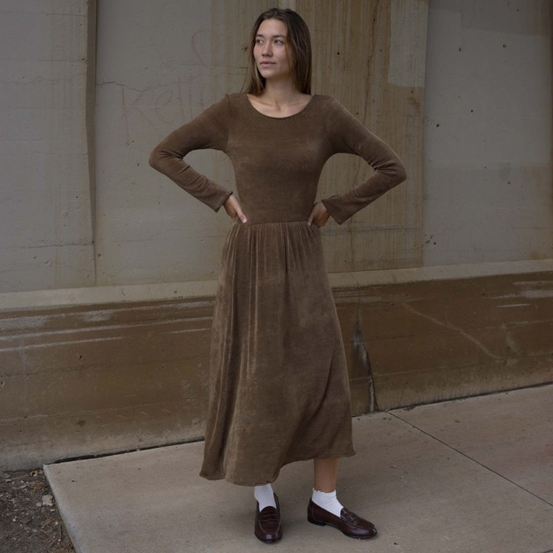 woman in light brown rib scoop long sleeve midi dress