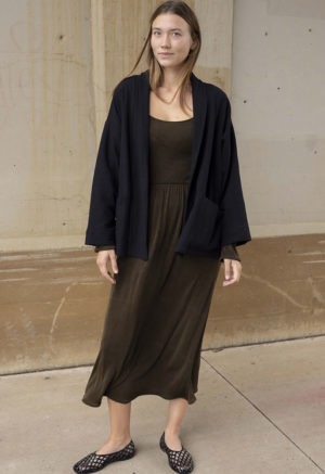 woman in dark brown rib scoop long sleeve midi dress