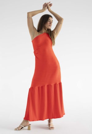 woman in red one shoulder maxi dress