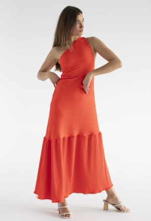 woman in red one shoulder maxi dress