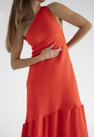 woman in red one shoulder maxi dress