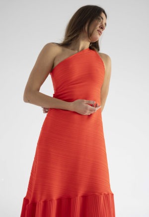 woman in red one shoulder maxi dress