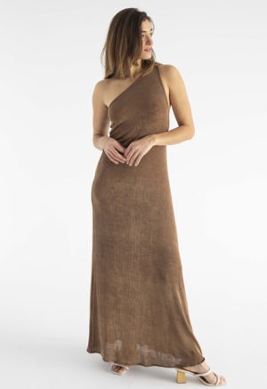 woman in brown slinky one shoulder maxi dress