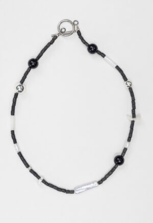 black necklace with black and pearl beads