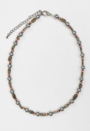Silver, green and red necklace