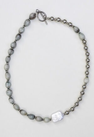 green shell, pearl and silver bead necklace