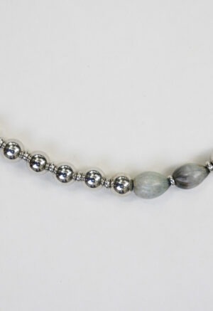 green shell, pearl and silver bead necklace