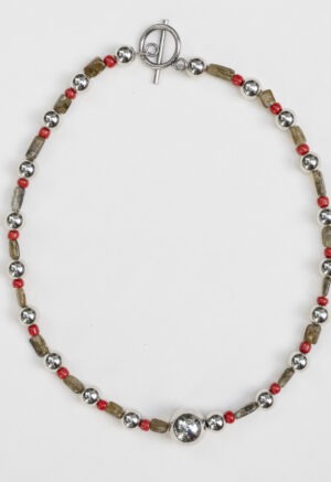 red, green and silver necklace