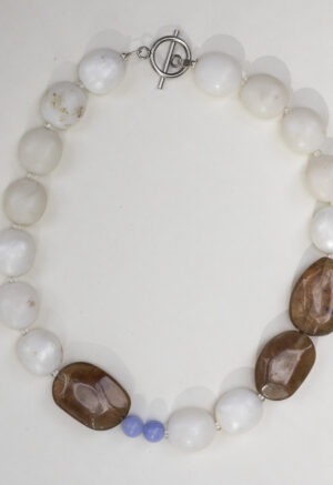 large beaded white, brown and blue necklace