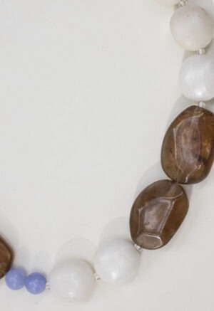 large beaded white, brown and blue necklace
