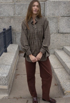 woman in plaid button-up