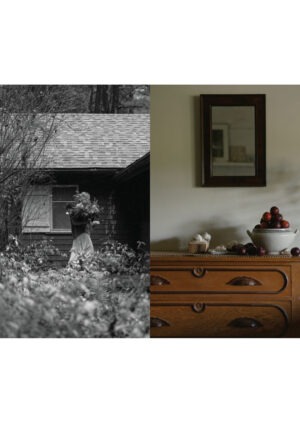 two images - one of a woman walking with florals in front of a cabin and one of a bowl of plum on a dresser