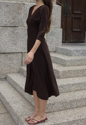 woman in dark brown v-neck midi dress