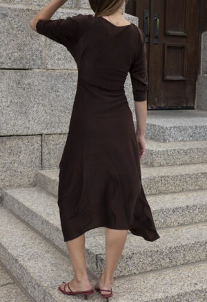 woman in dark brown v-neck midi dress